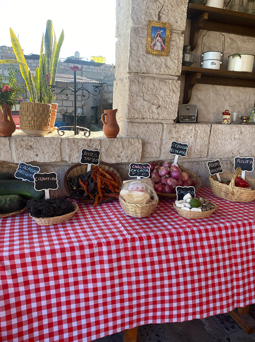 Table with fresh peppers and onions